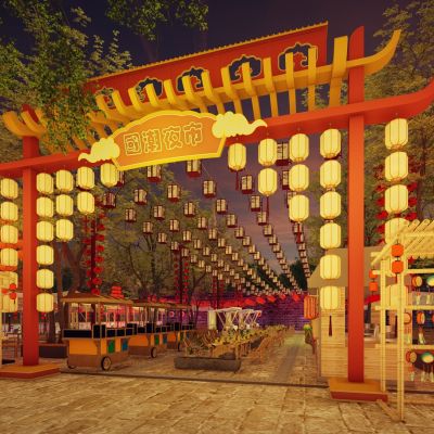 中式传统商业街露天网红摊位 传统国潮新型商业街区 古镇老街集市小吃摊商铺街