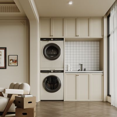 法式复古阳台 法式复古阳台柜 洗衣机 烘干机