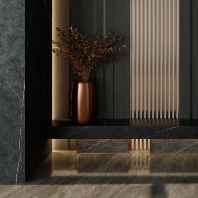 意式轻奢黑金风岩板造型入户玄关