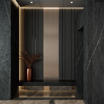 意式轻奢黑金风岩板造型入户玄关