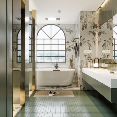 法式卫生间 现代卫生间 浴室柜 洗脸盆 镜柜 玻璃隔断 花砖