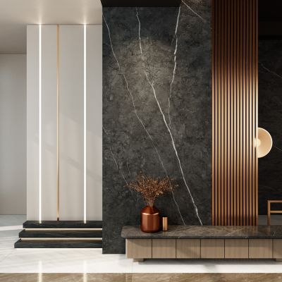 意式轻奢黑金风岩板造型入户玄关端景