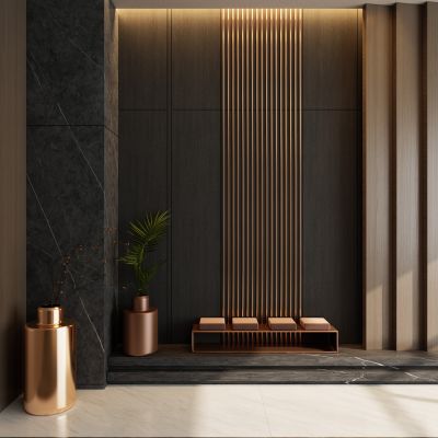 意式轻奢黑金风岩板造型入户玄关