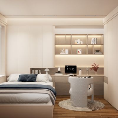 现代奶油原木风书桌衣柜一体式榻榻米卧室