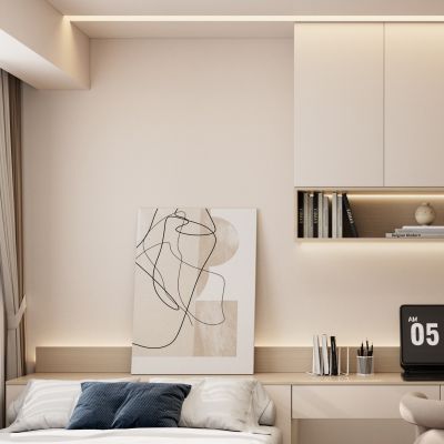 现代奶油原木风造型书桌榻榻米书房