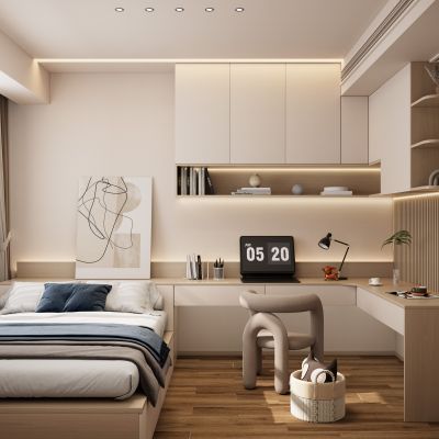 现代奶油原木风造型书桌榻榻米书房