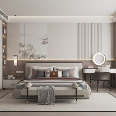 新中式家居卧室3d模型下载