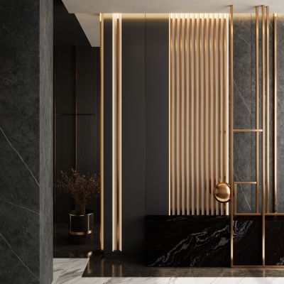 意式轻奢黑金风岩板造型入户玄关