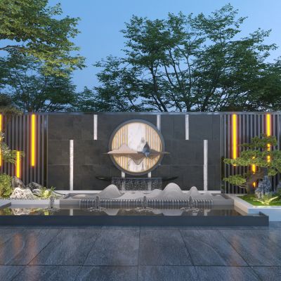 新中式叠水景墙 流水景墙 景观围墙