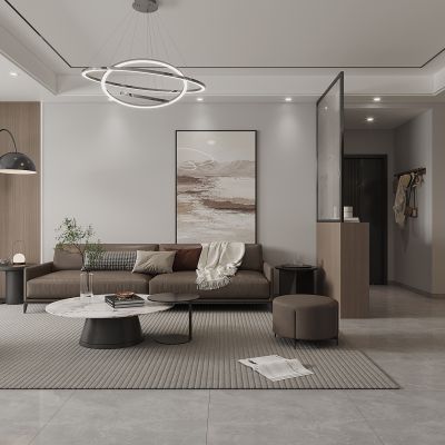 现代客厅餐厅，沙发，餐桌，电视柜，酒柜，装饰画