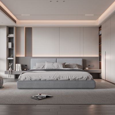 现代卧室 双人床 饰品 休闲椅 床头吊灯 无主灯造形吊顶 衣柜