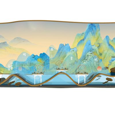 中式古风美陈雕塑节日摆件字画屏风山水画卷