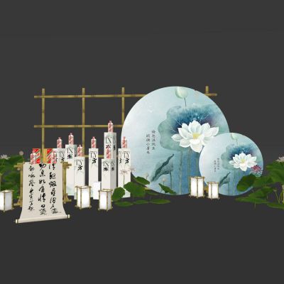 中式古风美陈雕塑节日美陈摆件中秋美陈字画屏风荷花