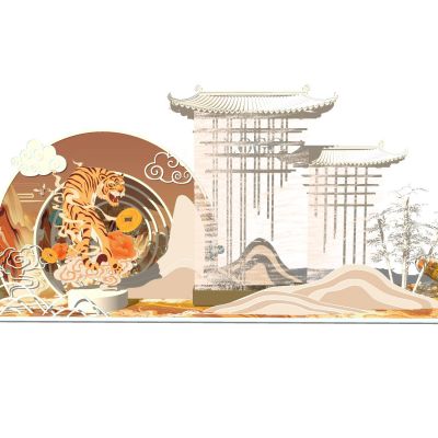 中式古风美陈雕塑节日美陈摆件字画屏风花灯老虎古建