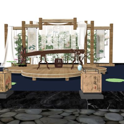 中式古风美陈雕塑节日美陈摆件字画屏风花灯古筝格栅鱼池