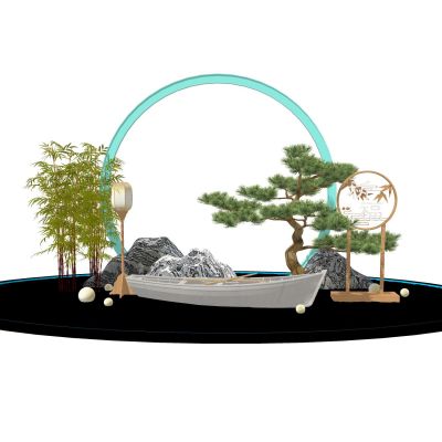 中式古风美陈雕塑节日美陈摆件字画屏风景观植物