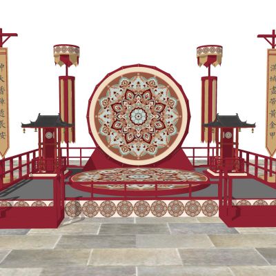 中式古风美陈雕塑古建筑舞台条幅花鼓中国画屏风节日美陈