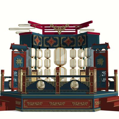 中式古风美陈雕塑古建筑舞台条幅灯笼牌楼景墙节日美陈格栅