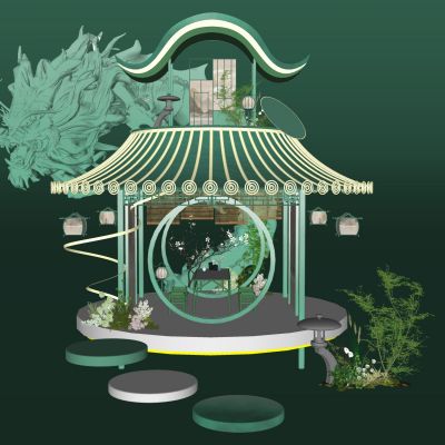 中式古风美陈雕塑景观亭龙雕塑茶具石灯景观植物SU模型