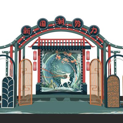 中式古风美陈雕塑古建筑舞台灯笼格栅屏风牌楼节日美陈