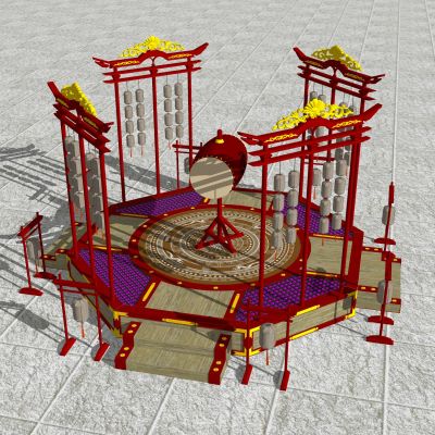 中式古风美陈雕塑古建筑舞台灯笼格栅牌楼花鼓节日美陈