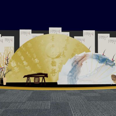 中式古风美陈雕塑字画扇子古筝纸扇屏风