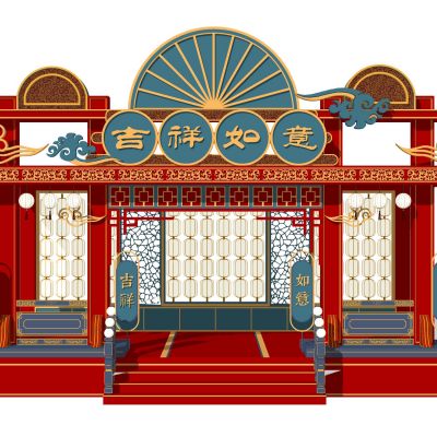 中式古风美陈雕塑古建筑舞台灯笼格栅屏风节日美陈