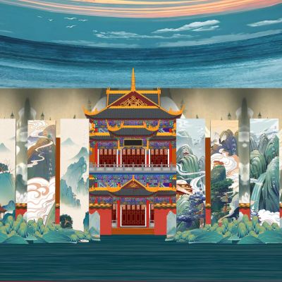 中式古风美陈雕塑古建筑围墙字画中国画屏风