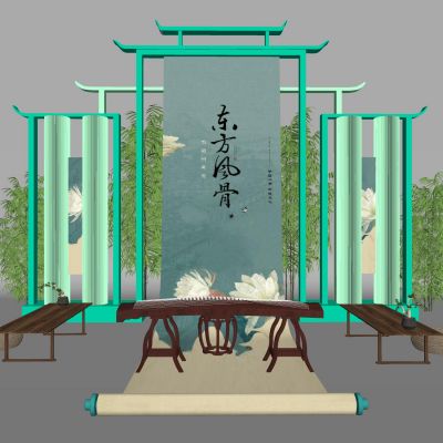 中式古风美陈雕塑古建筑围墙字画中国画屏风节日美陈茶具古筝古琴景观植物