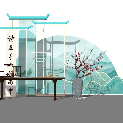 中式古风美陈雕塑字画中国画屏风节日美陈扇子字画案几