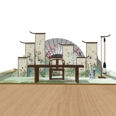 中式古风美陈雕塑字画扇子书法毛笔字画太师椅纸扇屏风