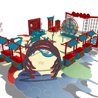 中式古风美陈雕塑商业摊位古建筑节日美陈雕塑庙会屏风