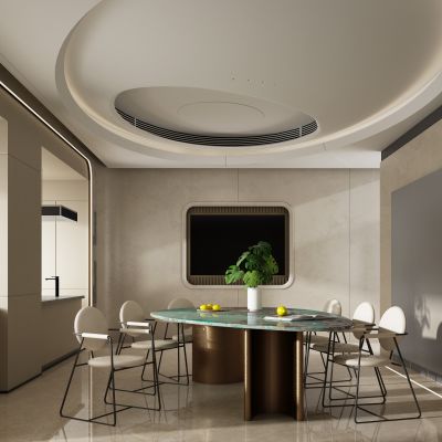 现代轻奢餐厅 餐桌椅 橱柜 吊顶 电视背景墙