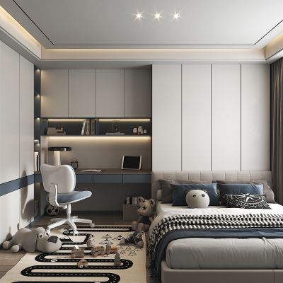 现代儿童房 衣柜 书桌椅 双人床