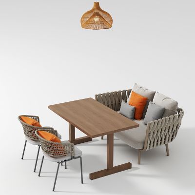 新中式快桌椅组合 藤编吊灯