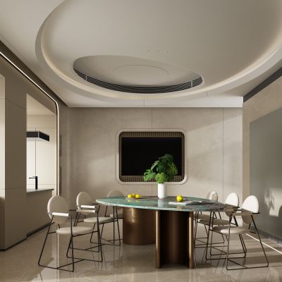 现代轻奢餐厅 餐桌椅 橱柜 吊顶 电视背景墙