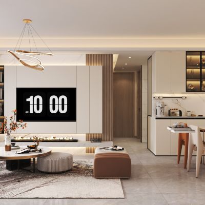 现代客餐厅 沙发茶几组合 餐桌椅 吊灯 酒柜 鞋柜 边柜