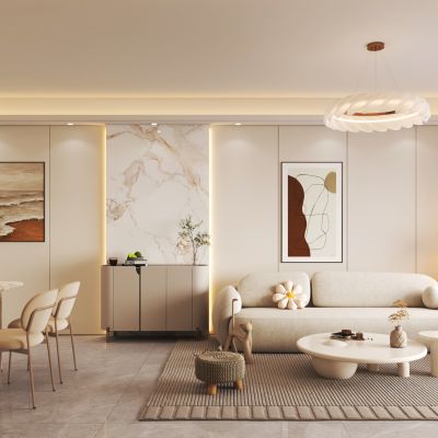 现代奶油风客餐厅 沙发茶几组合 餐桌椅组合 鞋柜 边柜 洗衣机柜 吊灯 酒柜