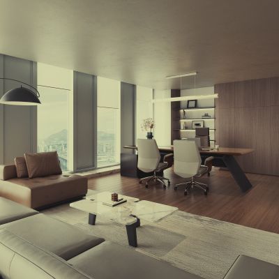 现代总经理办公室 办公桌椅 吊灯 沙发茶几组合