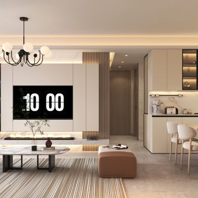 现代奶油风客餐厅 沙发茶几组合 餐桌椅 吊灯 酒柜 鞋柜 边柜