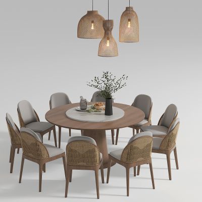 新中式包房圆餐桌椅组合，藤编吊灯