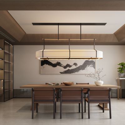 新中式餐厅 餐桌椅 吊灯 挂画 酒柜 盆景