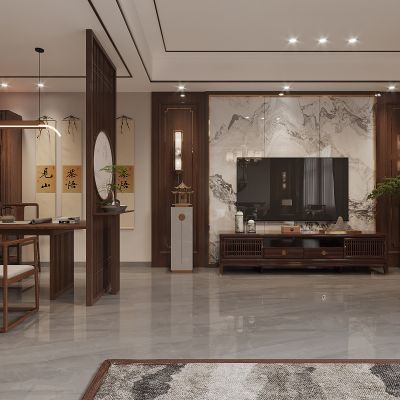 新中式客厅 茶室 中式沙发，书桌，电视柜，吊灯 挂画3D模型