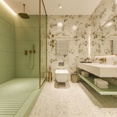 现代卫生间 浴室柜 洗脸盆 镜柜 玻璃隔断 花砖