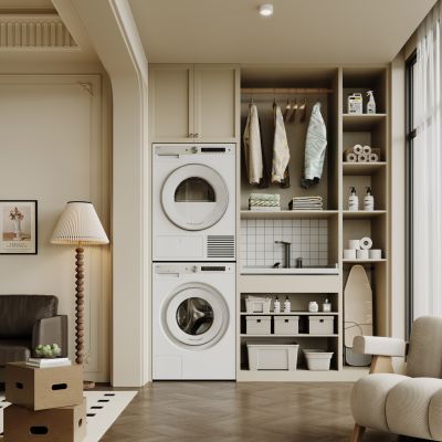 现代阳台 生活阳台 洗衣机柜 洗烘衣机