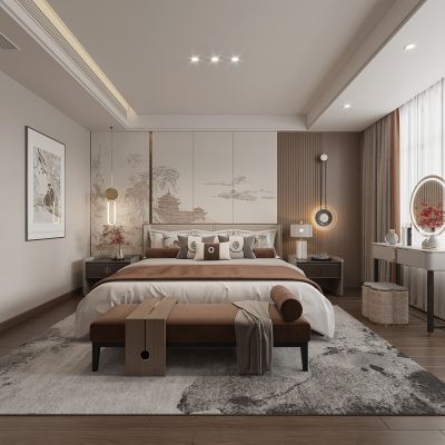  新中式主卧 床 衣柜 装饰画 吊灯 梳妆台