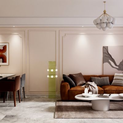 奶油风现代客厅餐厅新中式客餐厅过道