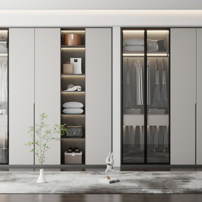 现代衣柜玻璃门衣帽间衣柜奶油风衣柜