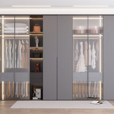 现代衣柜玻璃门衣帽间衣柜奶油风衣柜