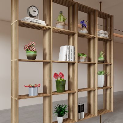 新中式木格栅玄关隔断屏风花架书架